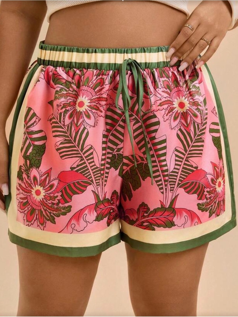 SHEIN Pink Floral Drawstring Athletic Shorts with Green Accents